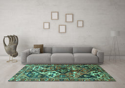 Machine Washable Persian Turquoise Traditional Area Rugs in a Living Room,, wshtr3797turq