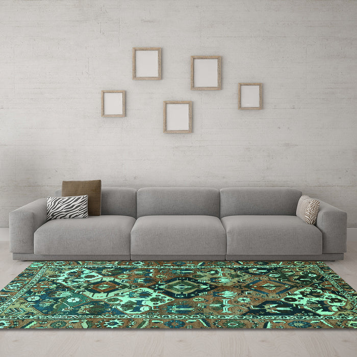 Machine Washable Persian Turquoise Traditional Area Rugs in a Living Room,, wshtr3797turq