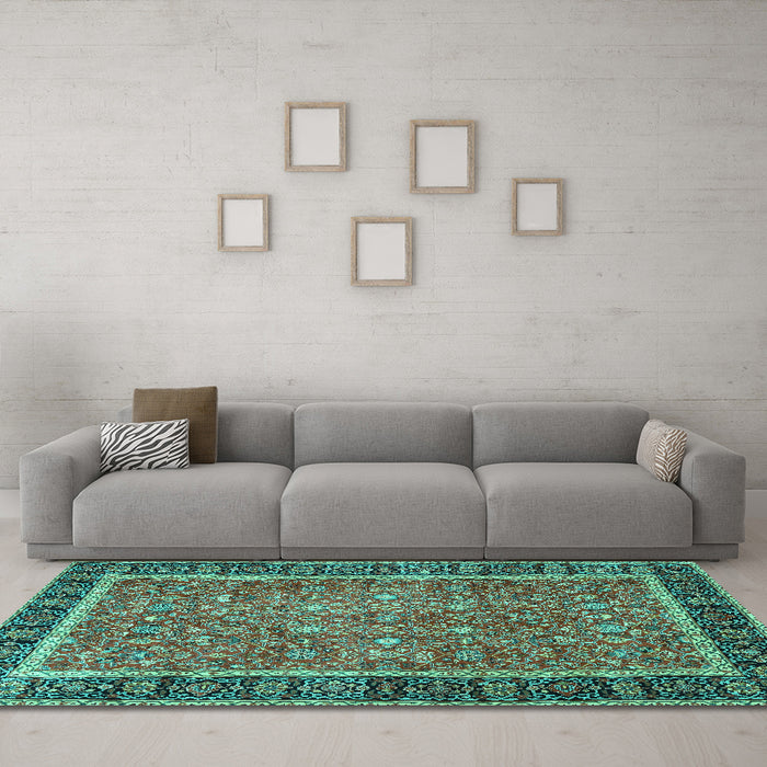 Machine Washable Persian Turquoise Traditional Area Rugs in a Living Room,, wshtr3798turq