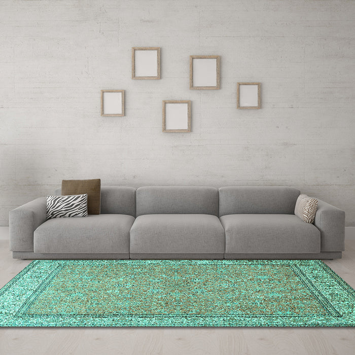Machine Washable Persian Turquoise Traditional Area Rugs in a Living Room,, wshtr379turq