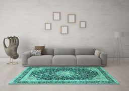 Machine Washable Persian Turquoise Traditional Area Rugs in a Living Room,, wshtr3800turq