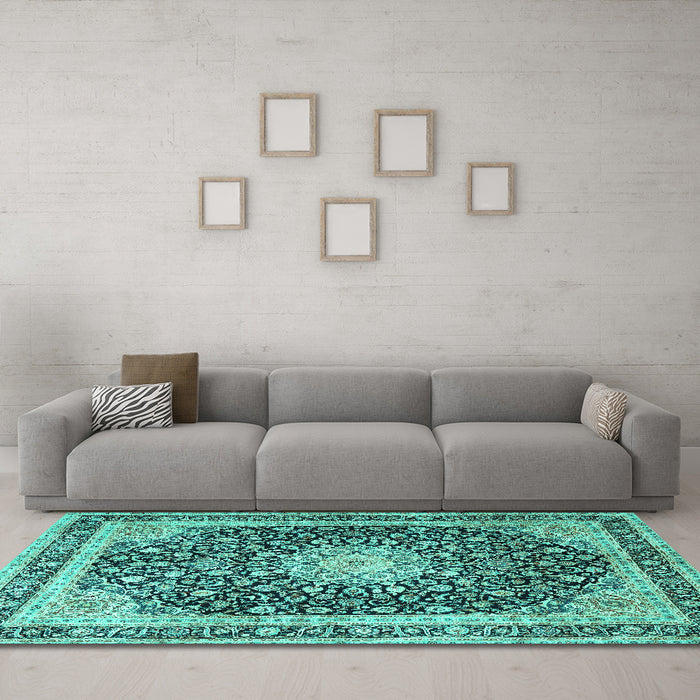 Machine Washable Persian Turquoise Traditional Area Rugs in a Living Room,, wshtr3800turq