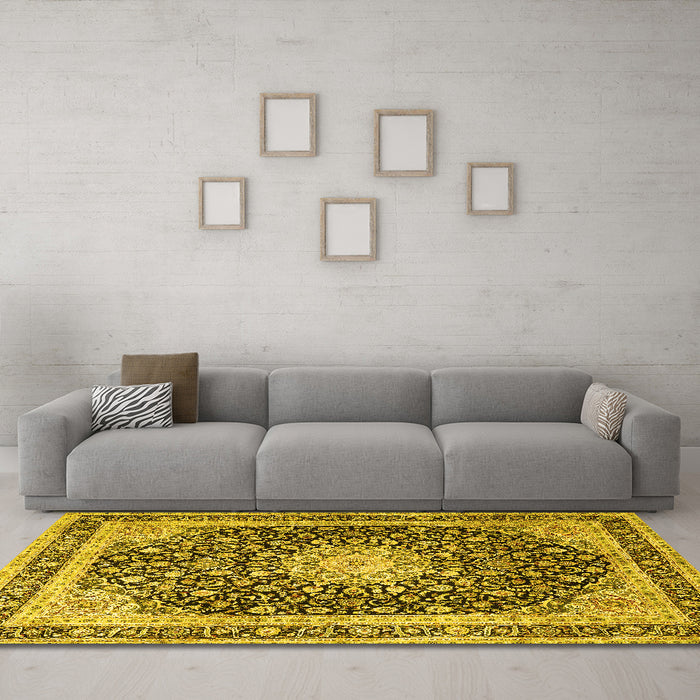 Machine Washable Persian Yellow Traditional Rug in a Living Room, wshtr3800yw