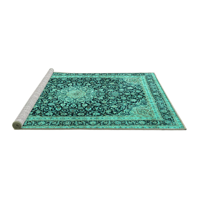 Sideview of Machine Washable Persian Turquoise Traditional Area Rugs, wshtr3800turq