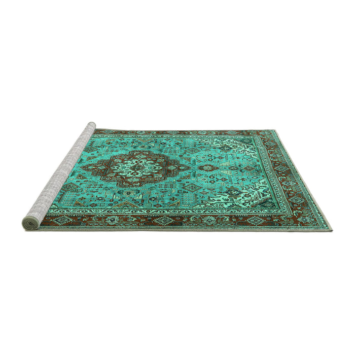 Sideview of Machine Washable Persian Turquoise Traditional Area Rugs, wshtr3801turq