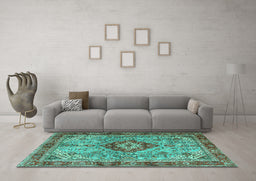 Machine Washable Persian Turquoise Traditional Area Rugs in a Living Room,, wshtr3801turq