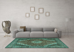 Machine Washable Persian Turquoise Traditional Area Rugs in a Living Room,, wshtr3802turq