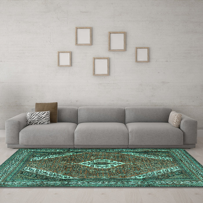 Machine Washable Persian Turquoise Traditional Area Rugs in a Living Room,, wshtr3802turq