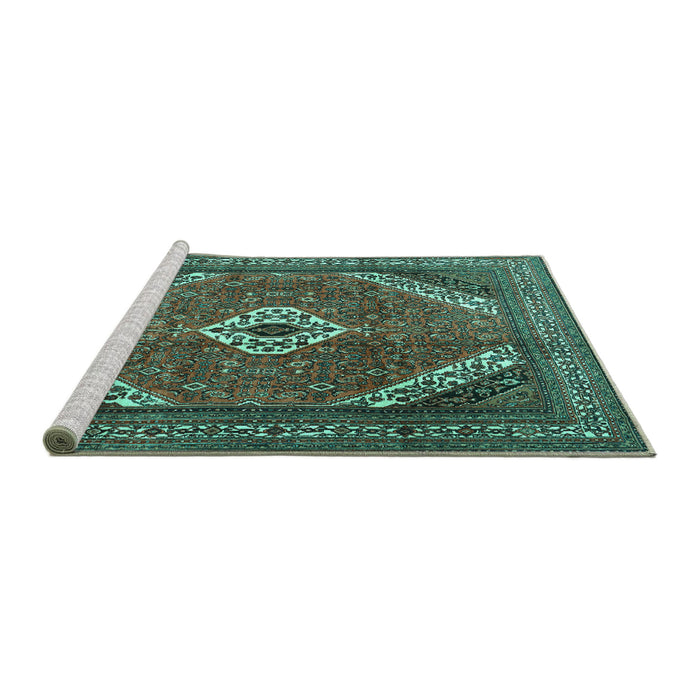 Sideview of Machine Washable Persian Turquoise Traditional Area Rugs, wshtr3802turq