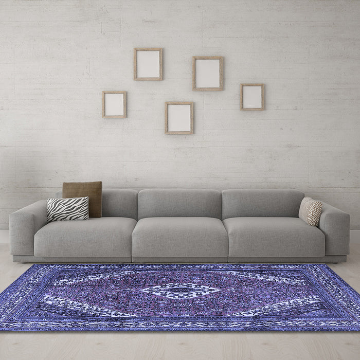 Machine Washable Persian Blue Traditional Rug in a Living Room, wshtr3802blu