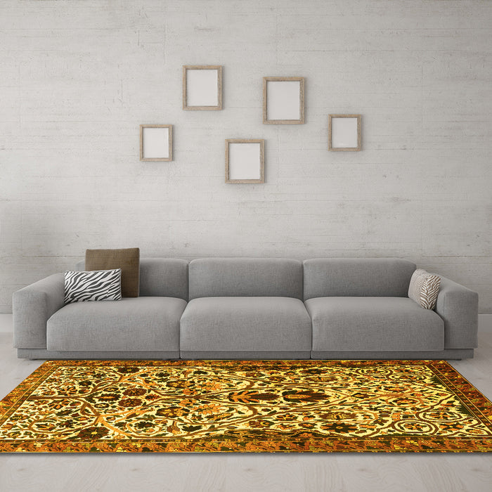 Machine Washable Persian Yellow Traditional Rug in a Living Room, wshtr3804yw
