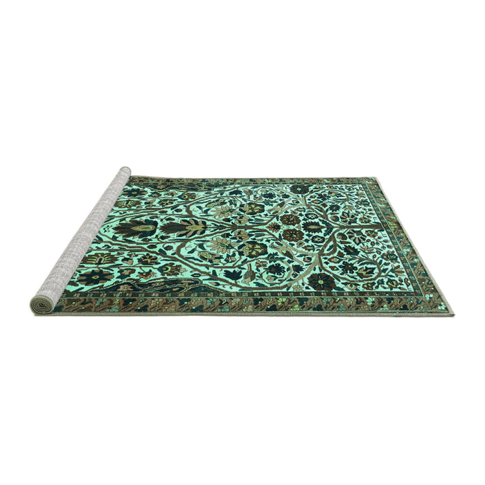 Sideview of Machine Washable Persian Turquoise Traditional Area Rugs, wshtr3804turq