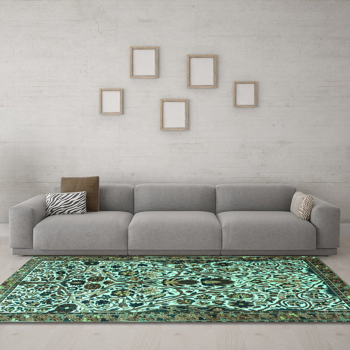 Machine Washable Persian Turquoise Traditional Area Rugs in a Living Room,, wshtr3804turq