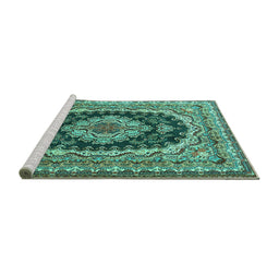 Sideview of Machine Washable Medallion Turquoise Traditional Area Rugs, wshtr3805turq