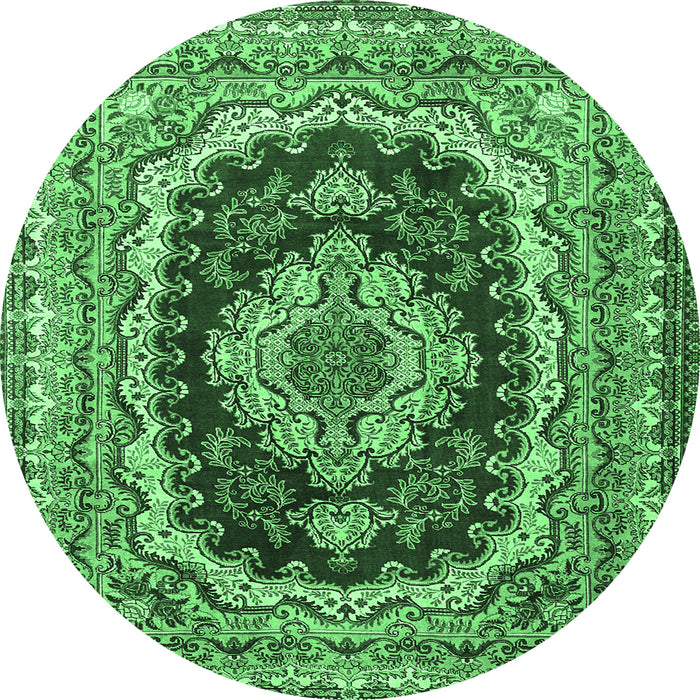 Round Machine Washable Medallion Emerald Green Traditional Area Rugs, wshtr3805emgrn