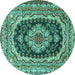 Round Machine Washable Medallion Turquoise Traditional Area Rugs, wshtr3805turq