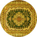 Round Machine Washable Medallion Yellow Traditional Rug, wshtr3805yw