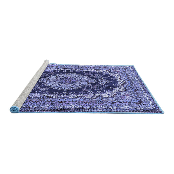 Sideview of Machine Washable Medallion Blue Traditional Rug, wshtr3805blu