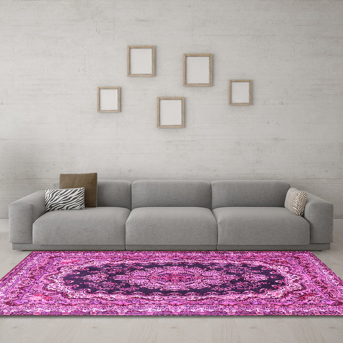 Machine Washable Medallion Pink Traditional Rug in a Living Room, wshtr3805pnk