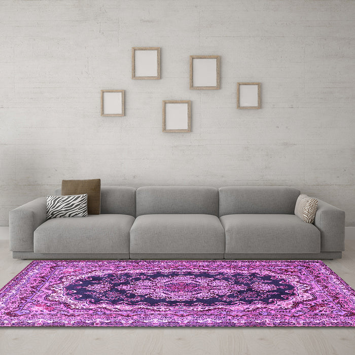 Machine Washable Medallion Purple Traditional Area Rugs in a Living Room, wshtr3805pur