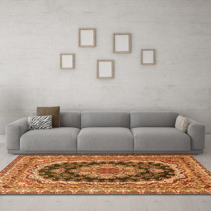 Machine Washable Medallion Orange Traditional Area Rugs in a Living Room, wshtr3805org