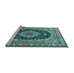 Sideview of Machine Washable Medallion Light Blue Traditional Rug, wshtr3805lblu