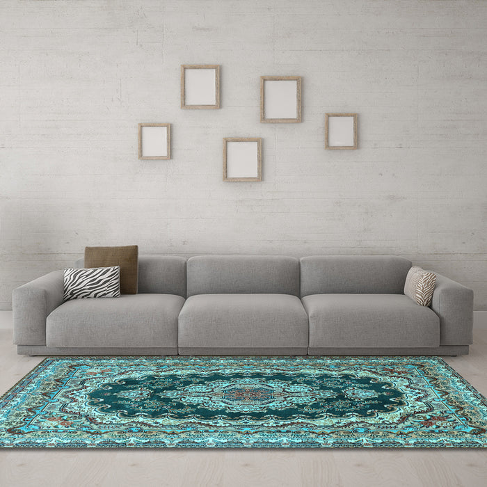 Machine Washable Medallion Light Blue Traditional Rug in a Living Room, wshtr3805lblu