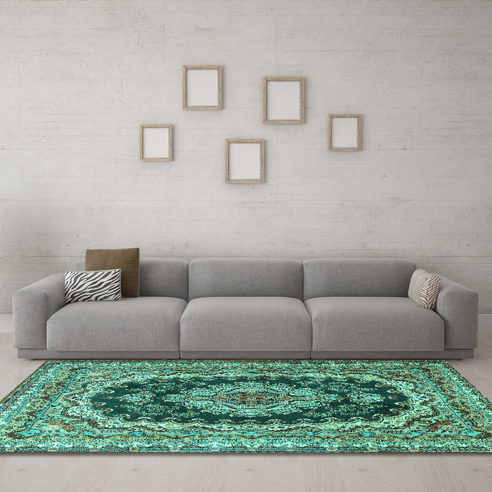 Machine Washable Medallion Turquoise Traditional Area Rugs in a Living Room,, wshtr3805turq