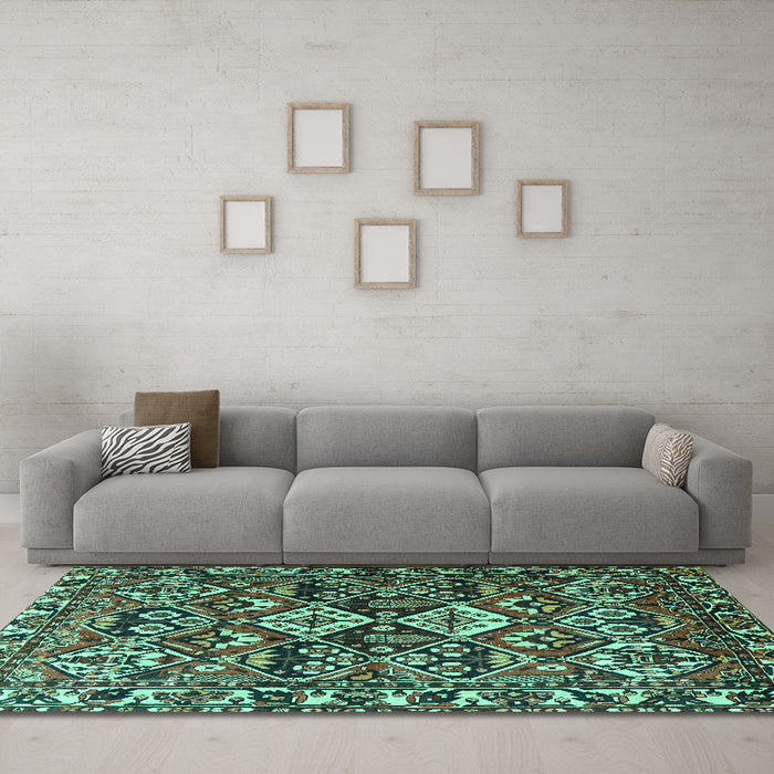 Machine Washable Persian Turquoise Traditional Area Rugs in a Living Room,, wshtr3806turq