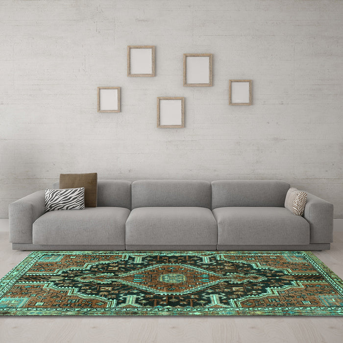 Machine Washable Persian Turquoise Traditional Area Rugs in a Living Room,, wshtr3809turq