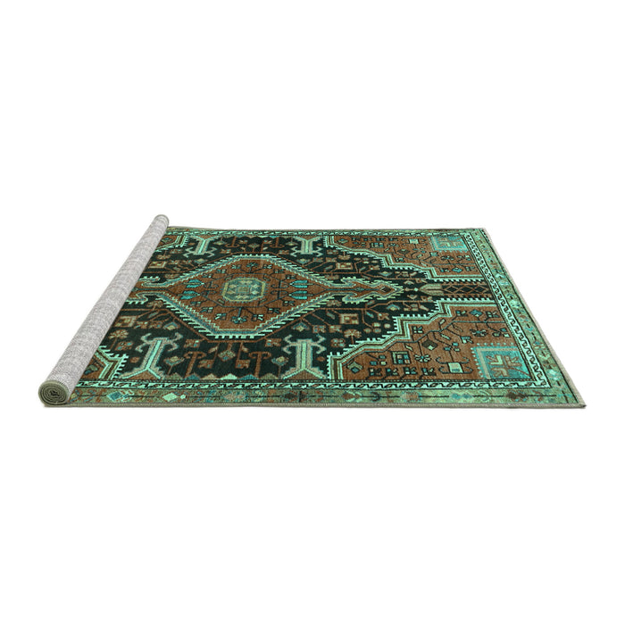 Sideview of Machine Washable Persian Turquoise Traditional Area Rugs, wshtr3809turq