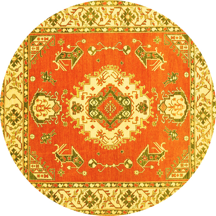 Round Machine Washable Medallion Yellow Traditional Rug, wshtr381yw