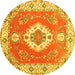 Round Machine Washable Medallion Yellow Traditional Rug, wshtr381yw