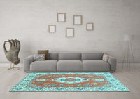 Machine Washable Medallion Light Blue Traditional Rug, wshtr381lblu