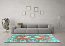 Machine Washable Medallion Light Blue Traditional Rug in a Living Room, wshtr381lblu