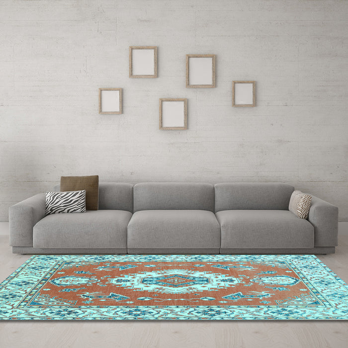 Machine Washable Medallion Light Blue Traditional Rug in a Living Room, wshtr381lblu