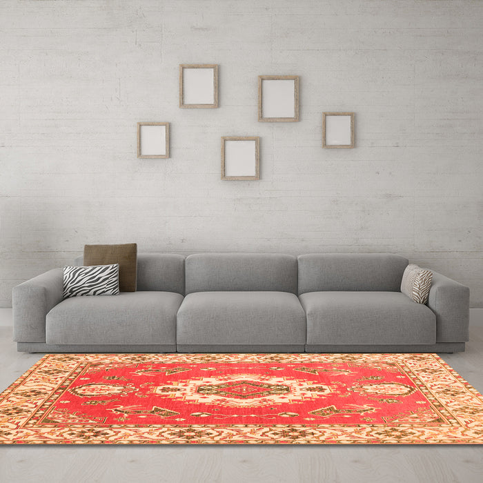 Machine Washable Medallion Orange Traditional Area Rugs in a Living Room, wshtr381org