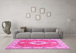 Machine Washable Medallion Pink Traditional Rug in a Living Room, wshtr381pnk