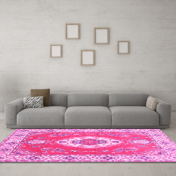 Machine Washable Medallion Pink Traditional Rug in a Living Room, wshtr381pnk