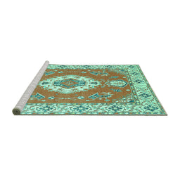 Sideview of Machine Washable Medallion Turquoise Traditional Area Rugs, wshtr381turq