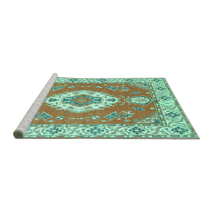 Sideview of Machine Washable Medallion Turquoise Traditional Area Rugs, wshtr381turq