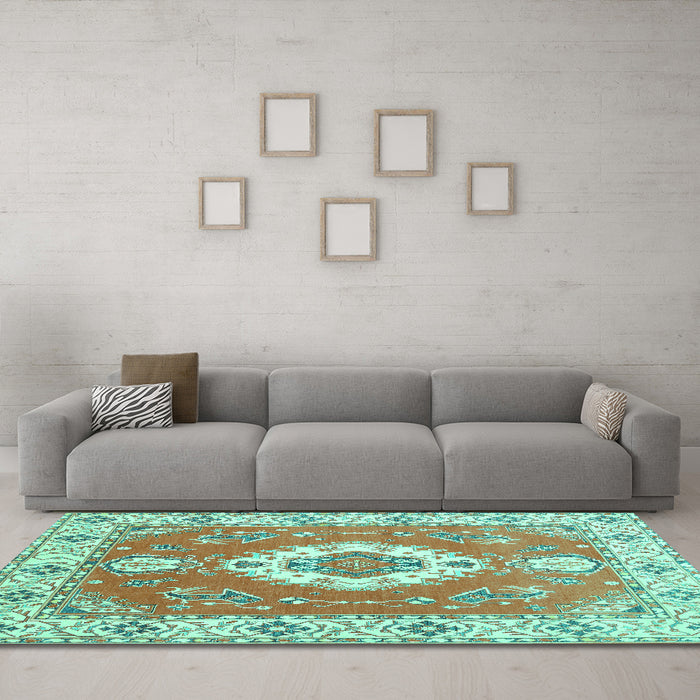 Machine Washable Medallion Turquoise Traditional Area Rugs in a Living Room,, wshtr381turq
