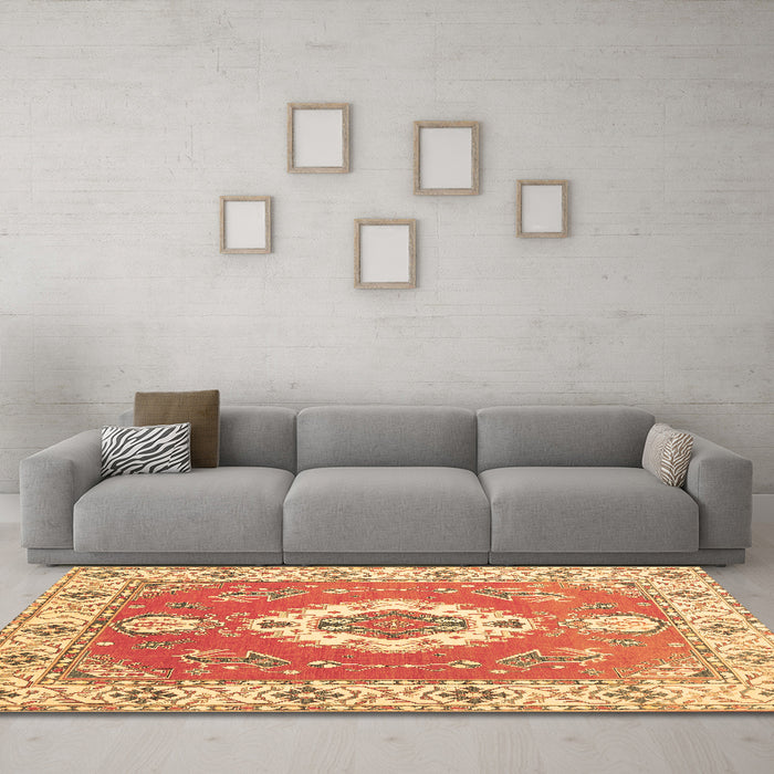 Machine Washable Medallion Brown Traditional Rug in a Living Room,, wshtr381brn