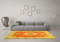 Machine Washable Medallion Yellow Traditional Rug, wshtr381yw