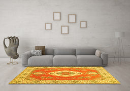 Machine Washable Medallion Yellow Traditional Rug in a Living Room, wshtr381yw