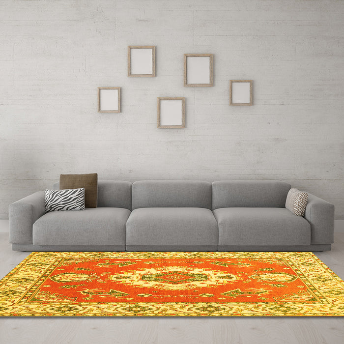 Machine Washable Medallion Yellow Traditional Rug in a Living Room, wshtr381yw
