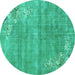 Round Machine Washable Oriental Turquoise Asian Inspired Area Rugs, wshtr3821turq