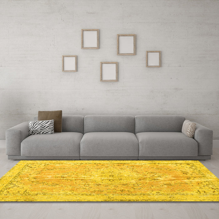 Machine Washable Medallion Yellow Traditional Rug in a Living Room, wshtr3825yw