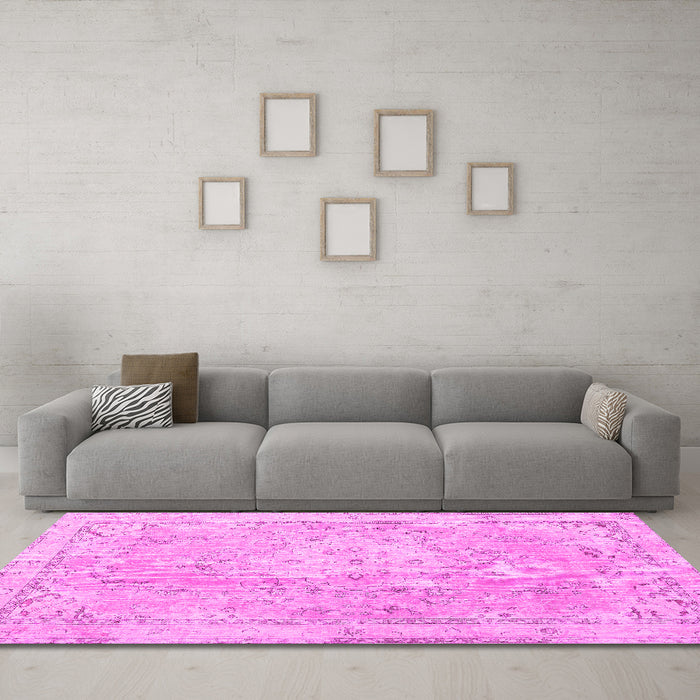 Machine Washable Medallion Pink Traditional Rug in a Living Room, wshtr3825pnk