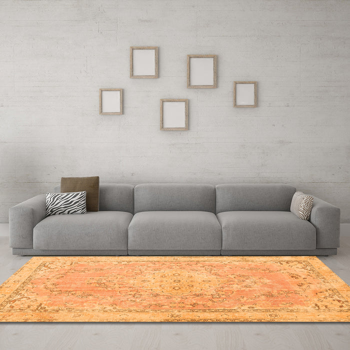 Machine Washable Medallion Orange Traditional Area Rugs in a Living Room, wshtr3825org